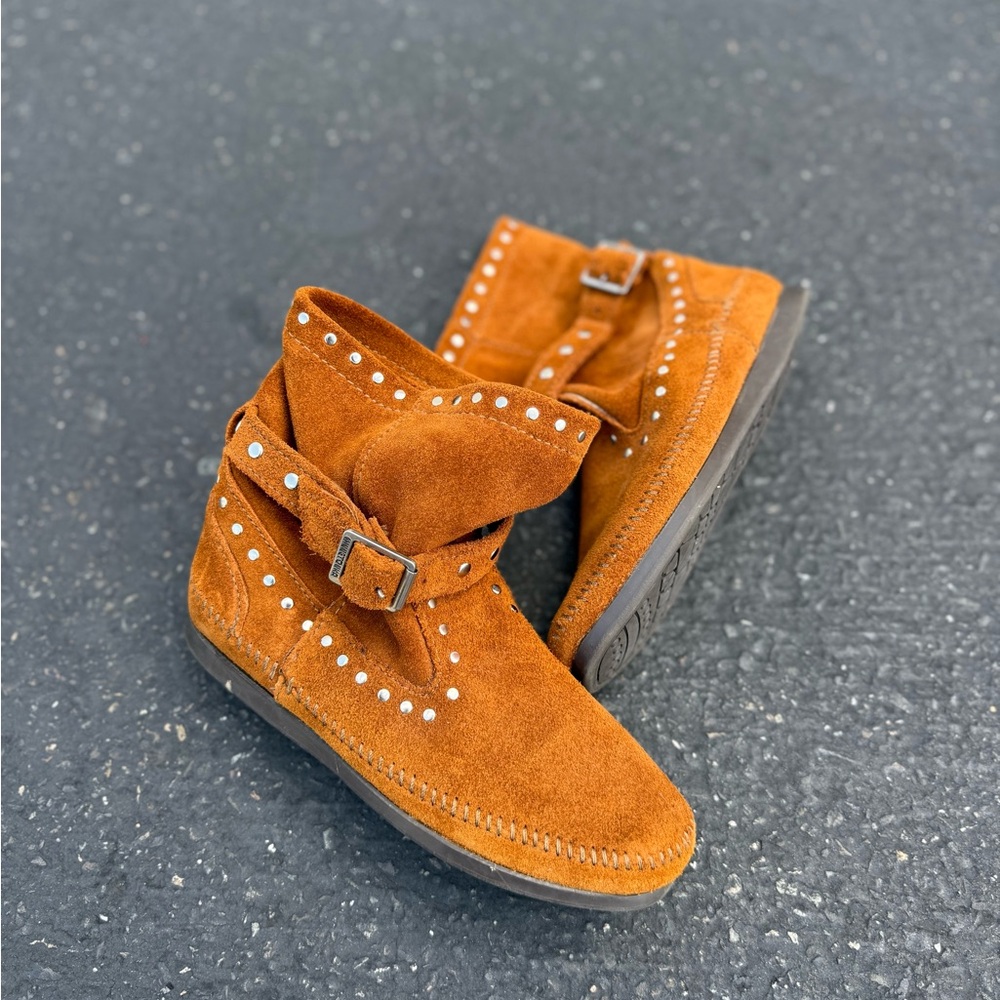 Minnetonka genuine suede studded moccasin ankle booties with adjustable strap
